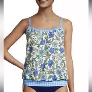 Lands' End Women's Blouson Swim Tankini Top Floral Gingham 6 522618 Bubble Blue